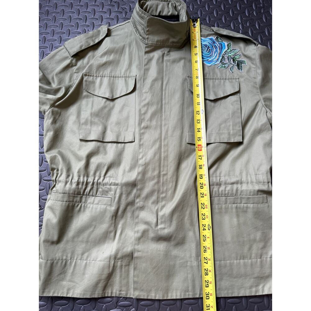 Military Style Statement Coat Embroidered Floral Utility Jacket Olive Green - Picture 9 of 10